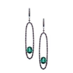 Blackened Oval Drop 18K White Gold Green Emerald Earrings